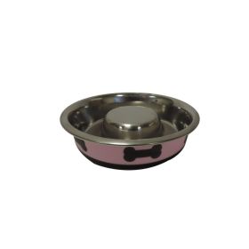 Slow Feeder Spill Proof Pet Bowl with Rubber Base and Bone Design, Pink and Black-Set of 2