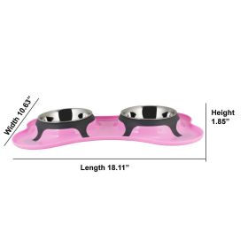 Bone Shaped Plastic Pet Double Diner with Stainless Steel Bowls, Pink and Silver-Set of 2