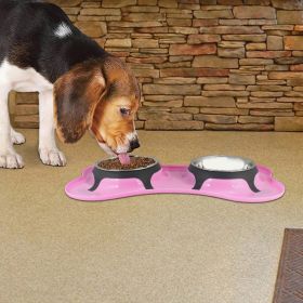 Bone Shaped Plastic Pet Double Diner with Stainless Steel Bowls, Pink and Silver-Set of 4