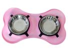 Bone Shaped Plastic Pet Double Diner with Stainless Steel Bowls, Pink and Silver-Set of 2