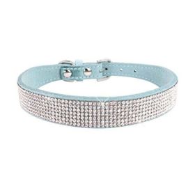 Crystal Dog Collar Solid Color Leather (Color: Light Blue, size: L)