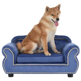 27" Pet Sofa, Dog sofa, Dog bed, Cat Sofa, Cat Bed, Wooden Frame And Velvet with Buttons And Beige Rope Lines, 4 Black Sturdy Plastic Sofa Feet (Color: Blue)