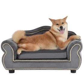 27" Pet Sofa, Dog sofa, Dog bed, Cat Sofa, Cat Bed, Wooden Frame And Velvet with Buttons And Beige Rope Lines, 4 Black Sturdy Plastic Sofa Feet (Color: Gray)